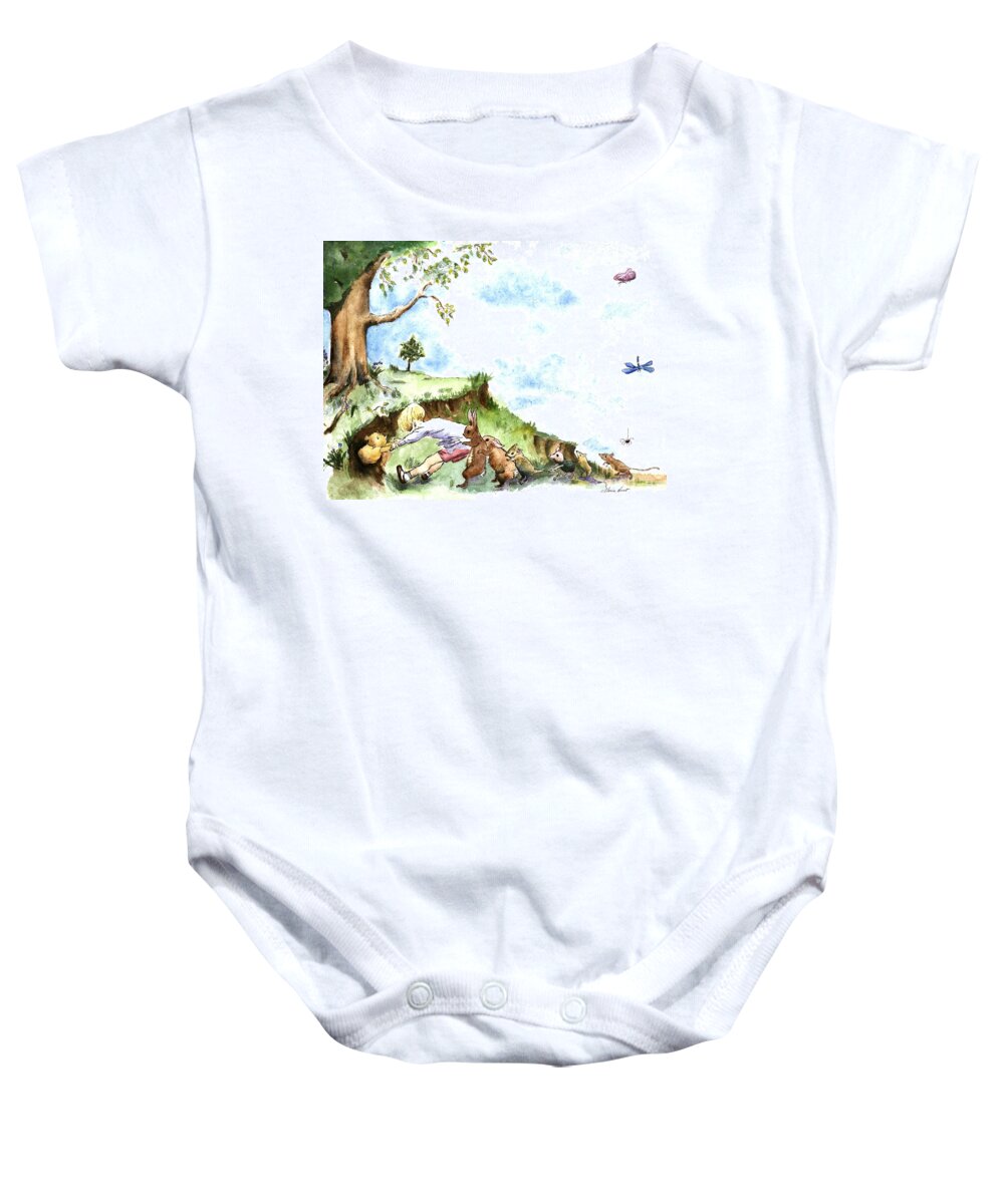 Winnie The Pooh Baby Onesie featuring the painting Helping Hands after E H Shepard by Maria Hunt