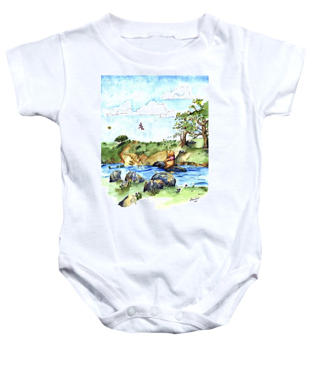 Winnie The Pooh Illustration Baby Onesie featuring the painting Imagining the Hunny after E H Shepard by Maria Hunt