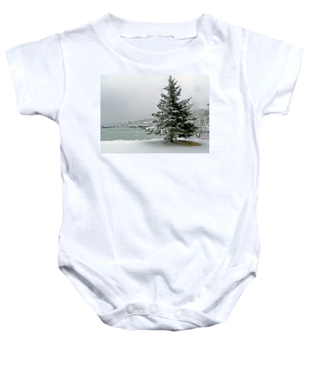 Plymouth Ma Baby Onesie featuring the photograph Winter harbor scene by Janice Drew