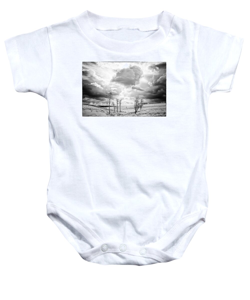 Black And White Baby Onesie featuring the photograph Winter Sky Drama by Theresa Tahara