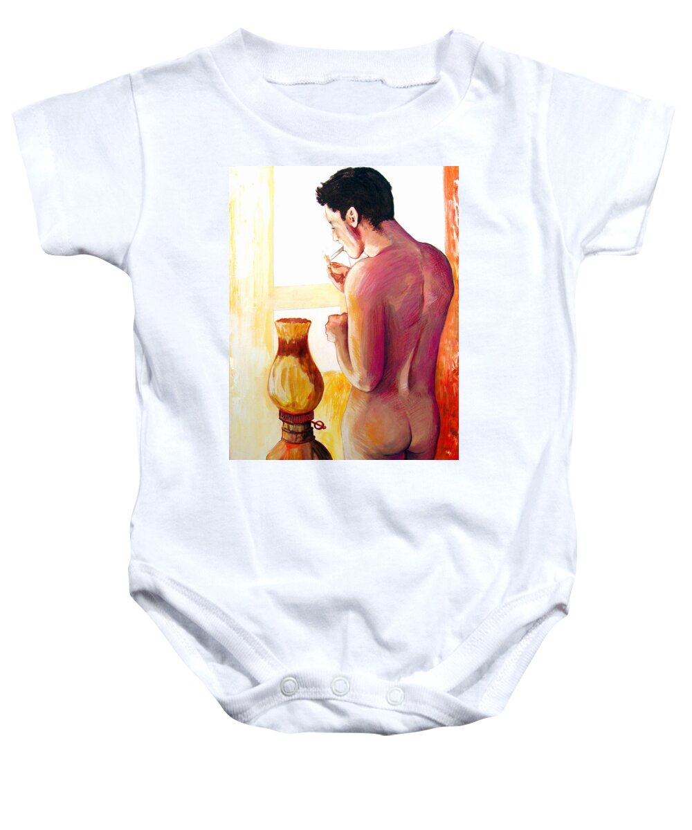 Nude Figure Baby Onesie featuring the painting Yellow Cigarette by Rene Capone