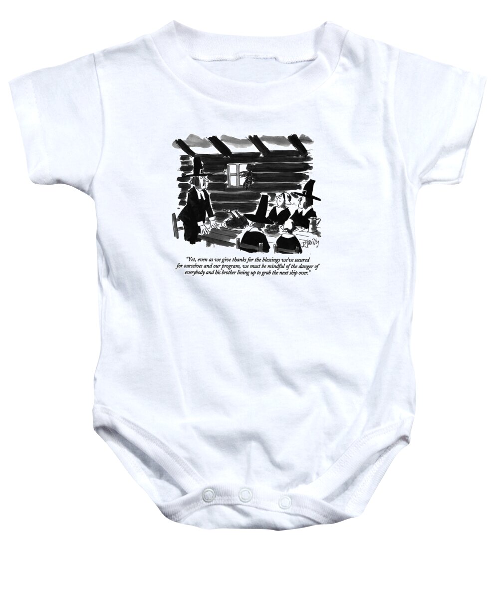 History Baby Onesie featuring the drawing Yet, Even As We Give Thanks For The Blessings by Donald Reilly