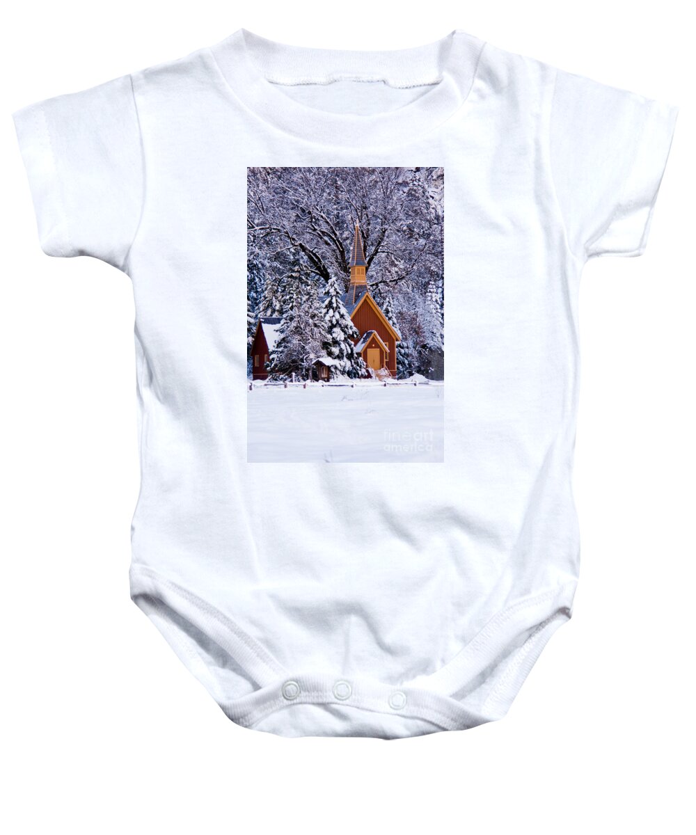 Architecture Baby Onesie featuring the photograph Yosemite Chapel in winter by Dan Hartford