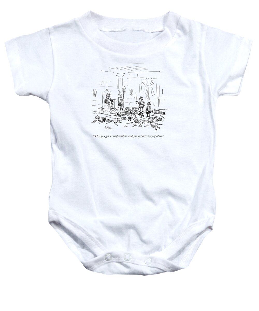 O.k. Baby Onesie featuring the drawing You Get Transportation And You Get Secretary by David Sipress