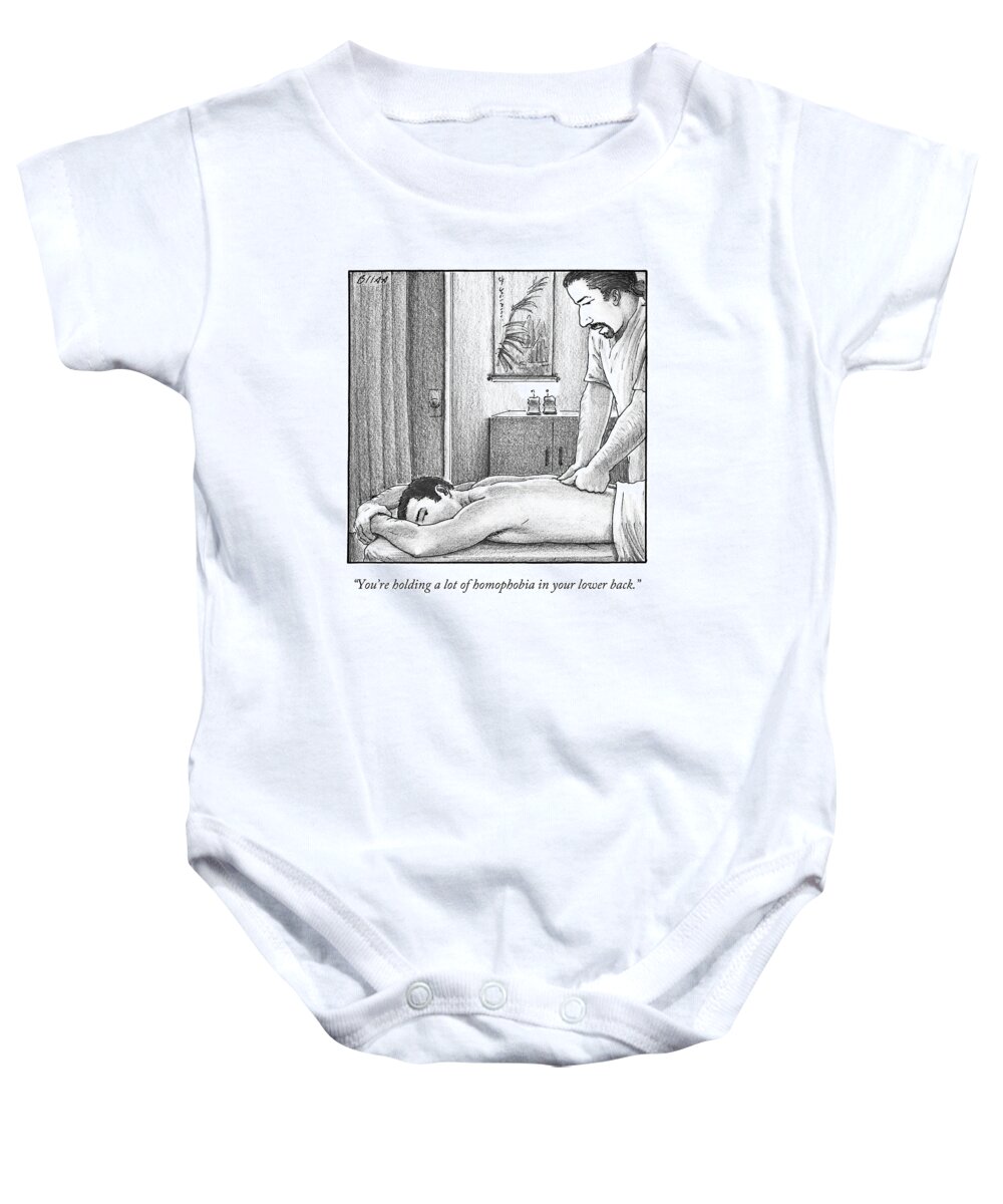 Massage Baby Onesie featuring the drawing You're Holding A Lot Of Homophobia In Your Lower by Harry Bliss