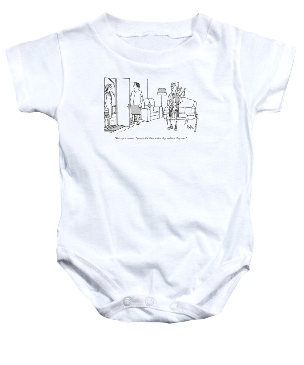 Music Baby Onesie featuring the drawing You're Just In Time. I Permit Him Three Skirls by George Price
