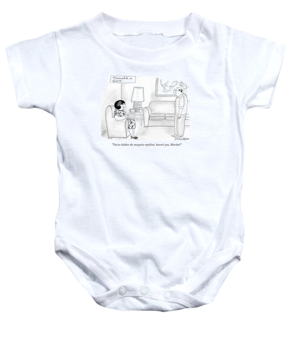 Mosquitos Baby Onesie featuring the drawing You've Hidden The Mosquito Repellent by Victoria Roberts