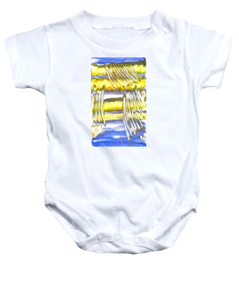 Blue Yellow Gold Abstract Expressionist Process Baby Onesie featuring the painting Beyond by Heather Hennick