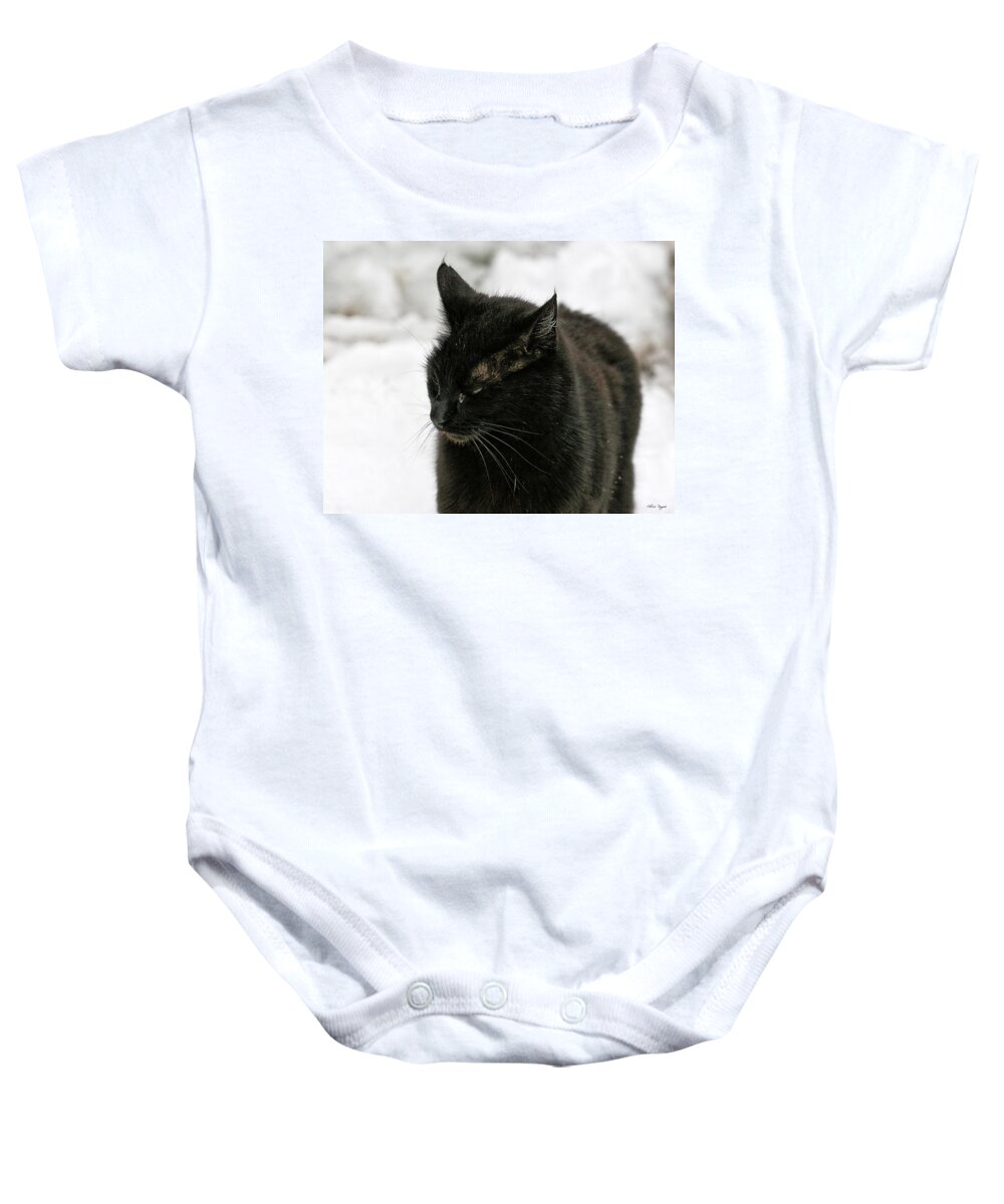 Photo Baby Onesie featuring the photograph Black Cat White Snow by Chriss Pagani