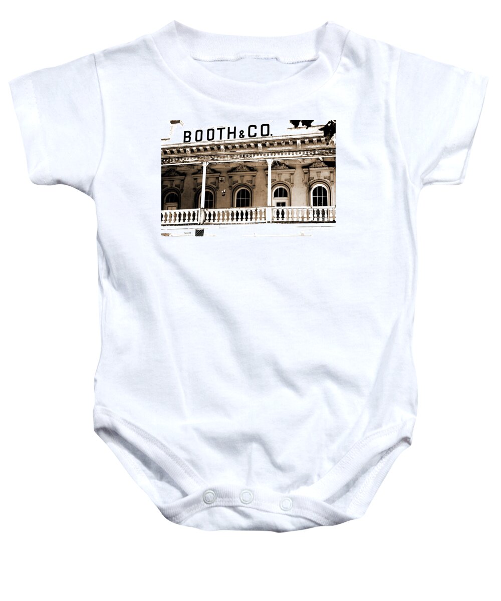 Old Sacramento Baby Onesie featuring the photograph Booth and Company of Old Sacramento by Sally Bauer