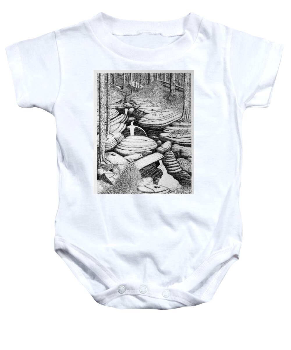Nature Baby Onesie featuring the drawing Cascade In Boulders by Daniel Reed