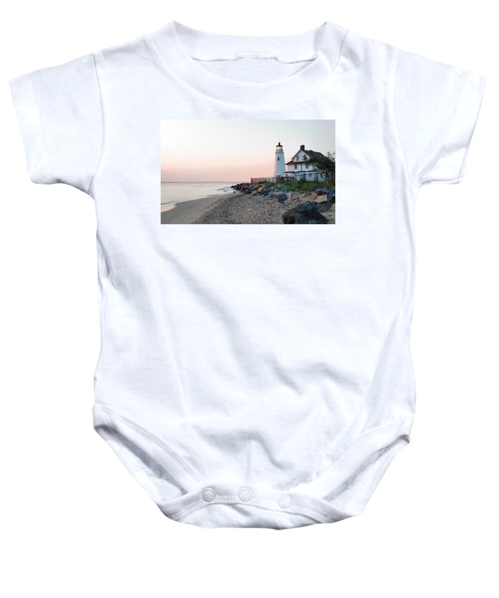 Lighthouse Baby Onesie featuring the photograph Dawn Gleam by Frances Miller