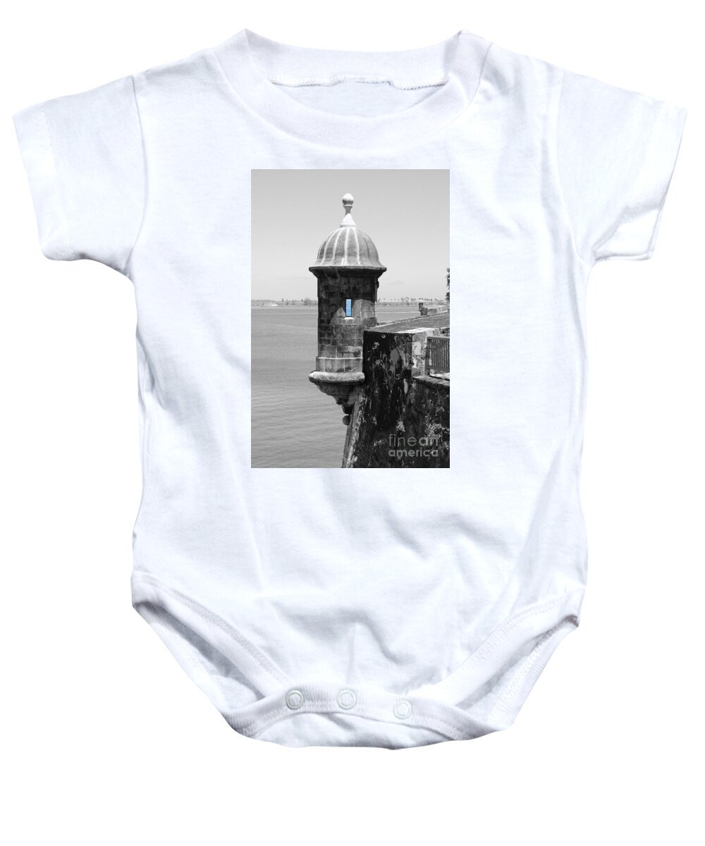 Old San Juan Baby Onesie featuring the photograph El Morro Sentry Tower Color Splash Black and White San Juan Puerto Rico by Shawn O'Brien