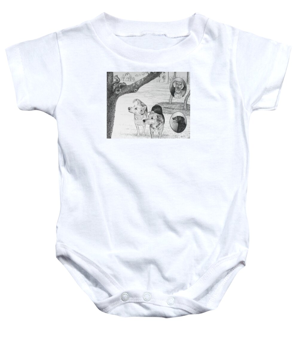 Dog Baby Onesie featuring the drawing Four Dogs and a Squirrel by Mike Ivey
