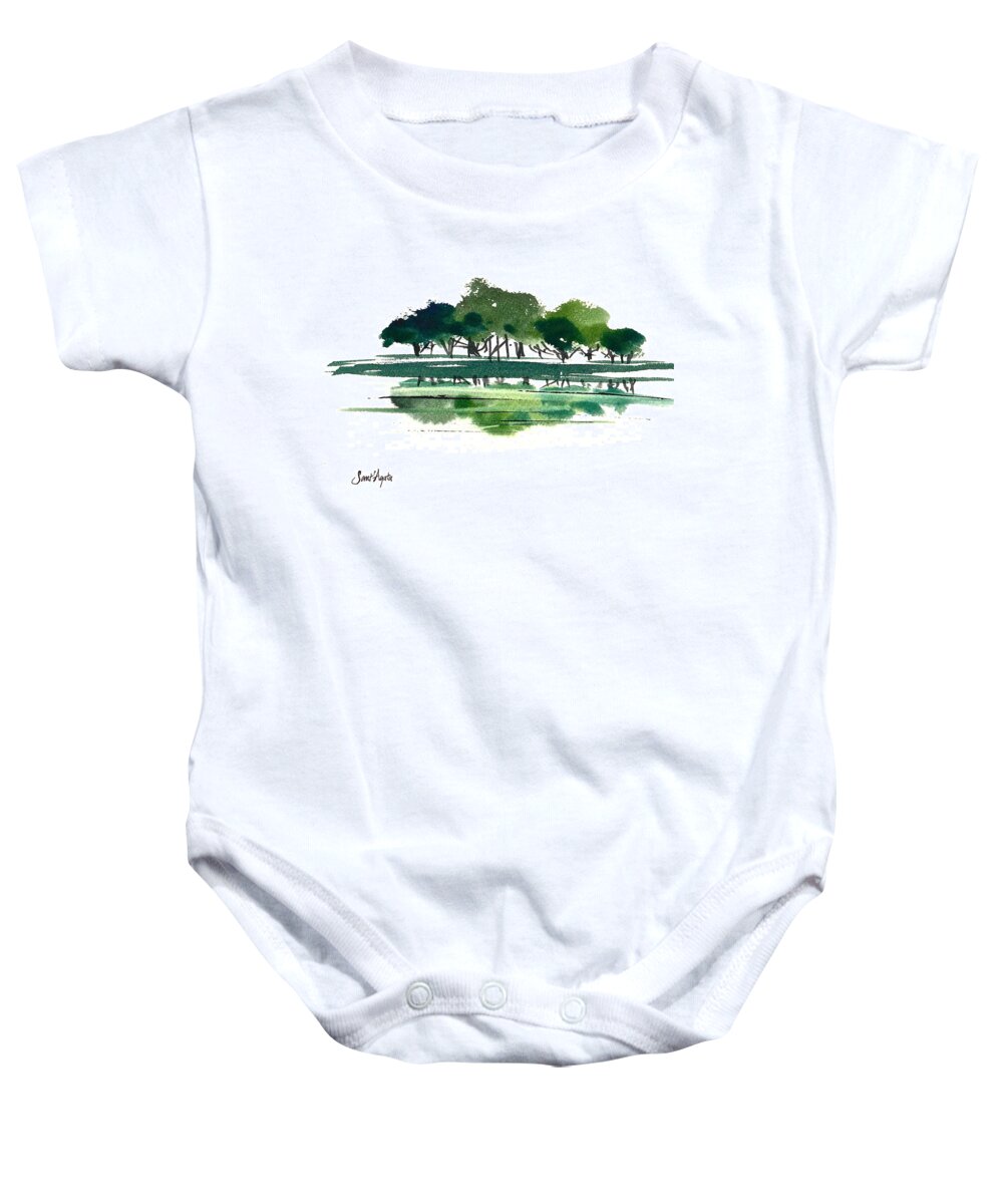 Tree Baby Onesie featuring the painting Green Lake Forest by Frank SantAgata
