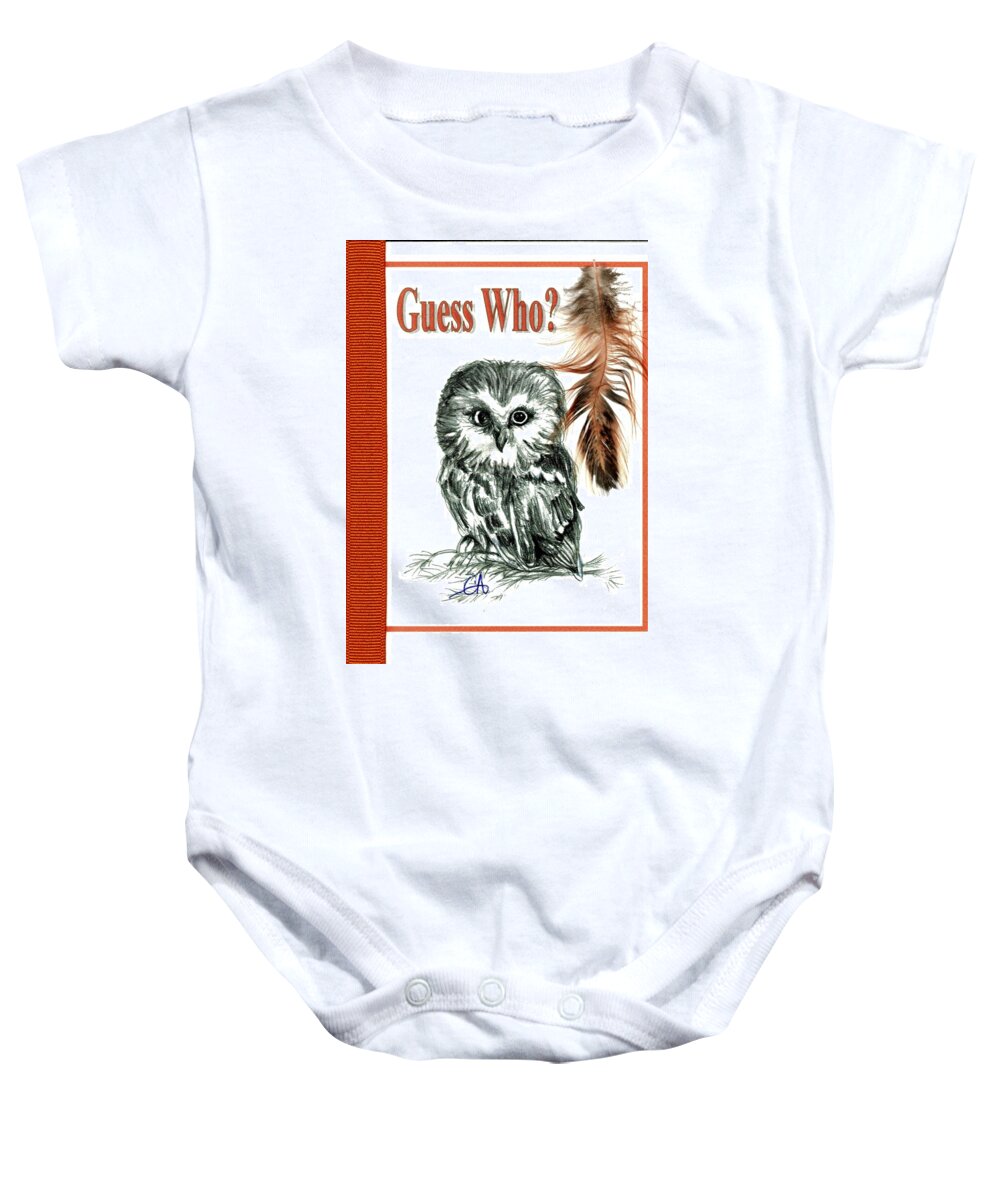 Owl Baby Onesie featuring the drawing Guess Who by Carol Allen Anfinsen
