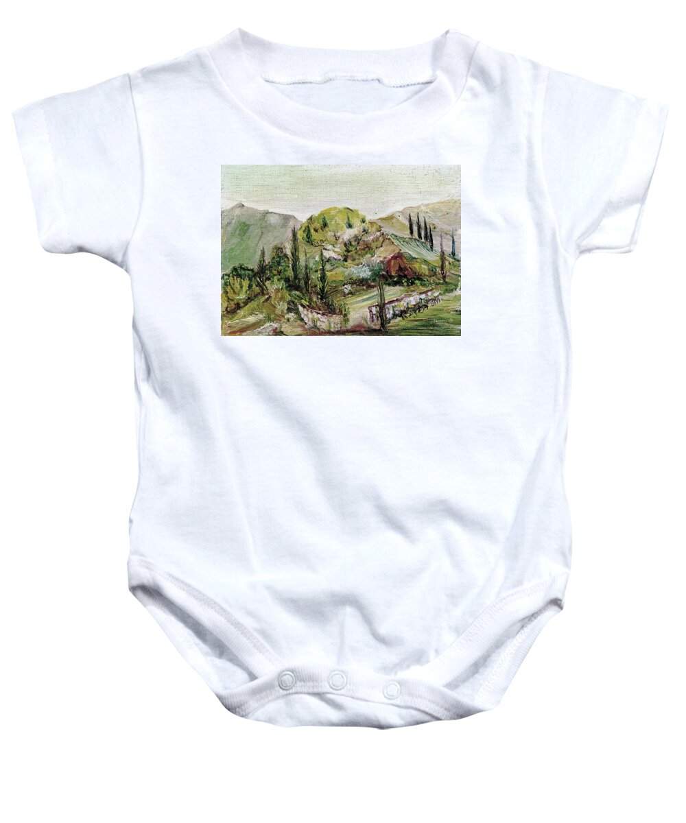 Holy Baby Onesie featuring the painting Holy green mountain landscape in spring with cypress trees brown rock skyline by Rachel Hershkovitz