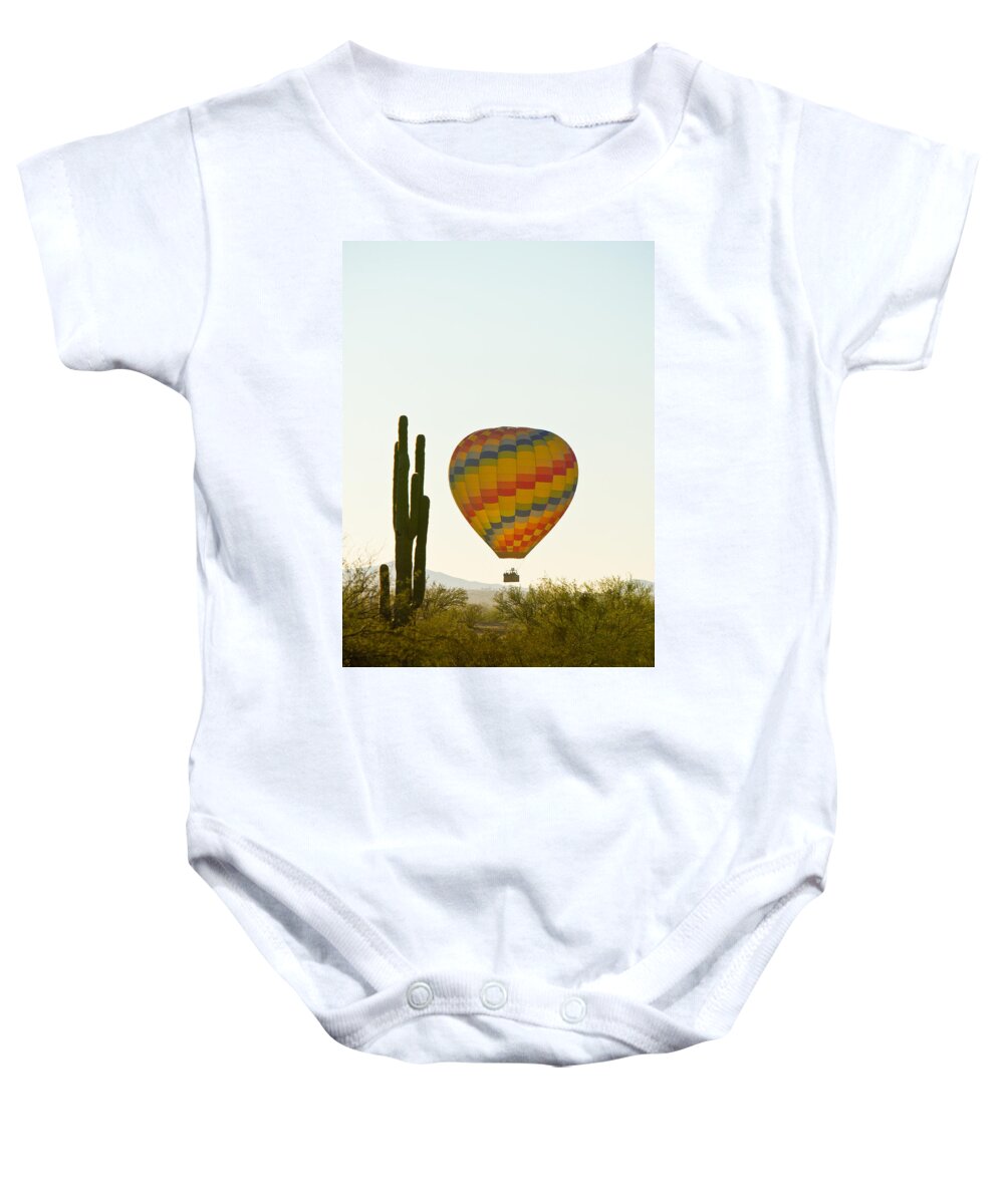 Arizona Baby Onesie featuring the photograph Hot Air Balloon In the Arizona Desert With Giant Saguaro Cactus by James BO Insogna