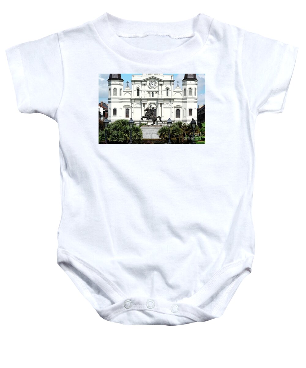 Jackson Square Baby Onesie featuring the digital art Jackson Statue and St Louis Cathedral French Quarter New Orleans Ink Outlines Digital Art by Shawn O'Brien
