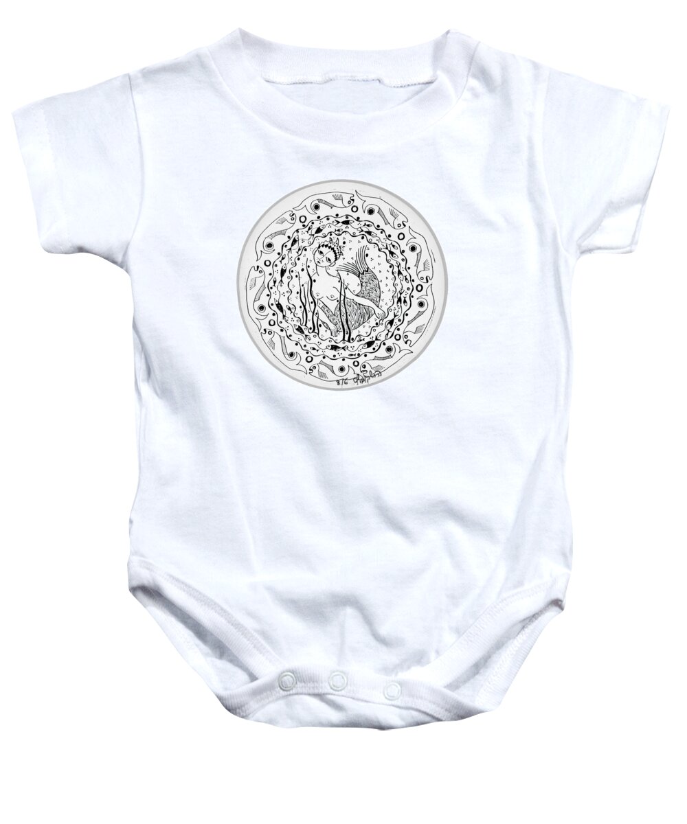 Mermaid Baby Onesie featuring the drawing Mermaid in black and white round circle with water fish tail face hands by Rachel Hershkovitz