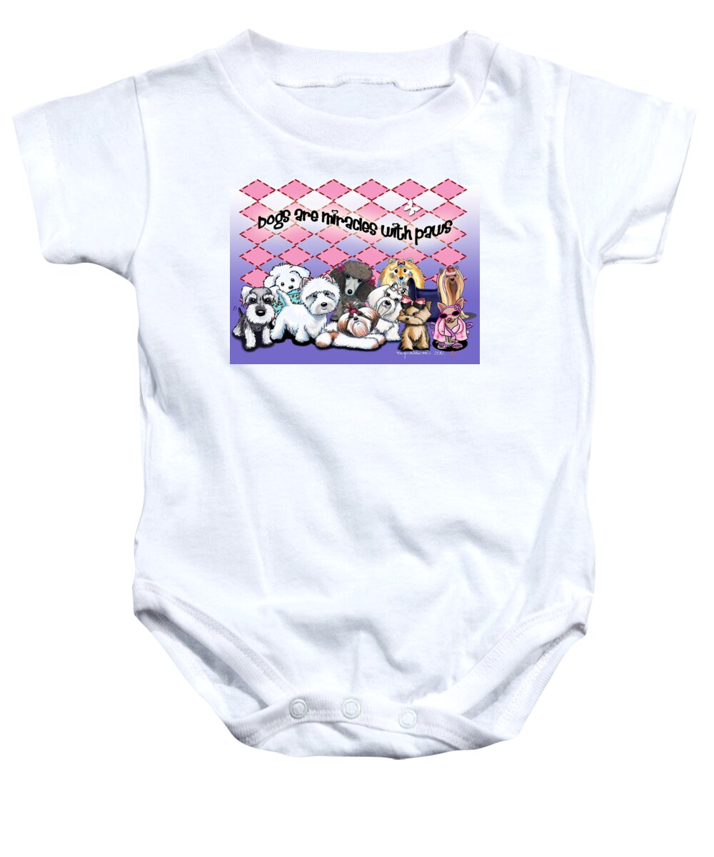Cartoon Baby Onesie featuring the mixed media Miracles with paws by Catia Lee