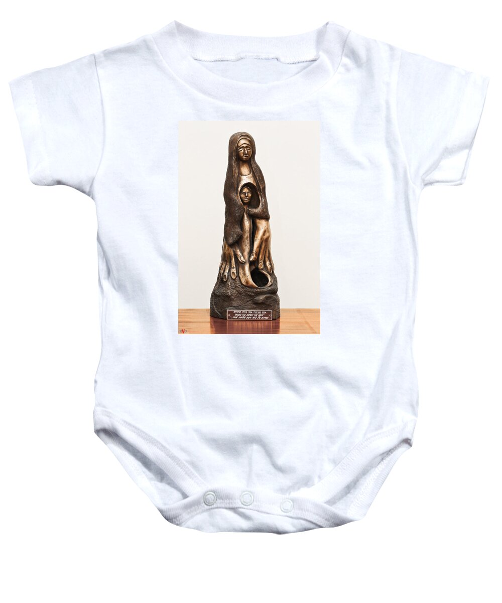 Woman Baby Onesie featuring the sculpture Mother Mourning her son who died in a war large hands womb inside long hair sad face by Rachel Hershkovitz