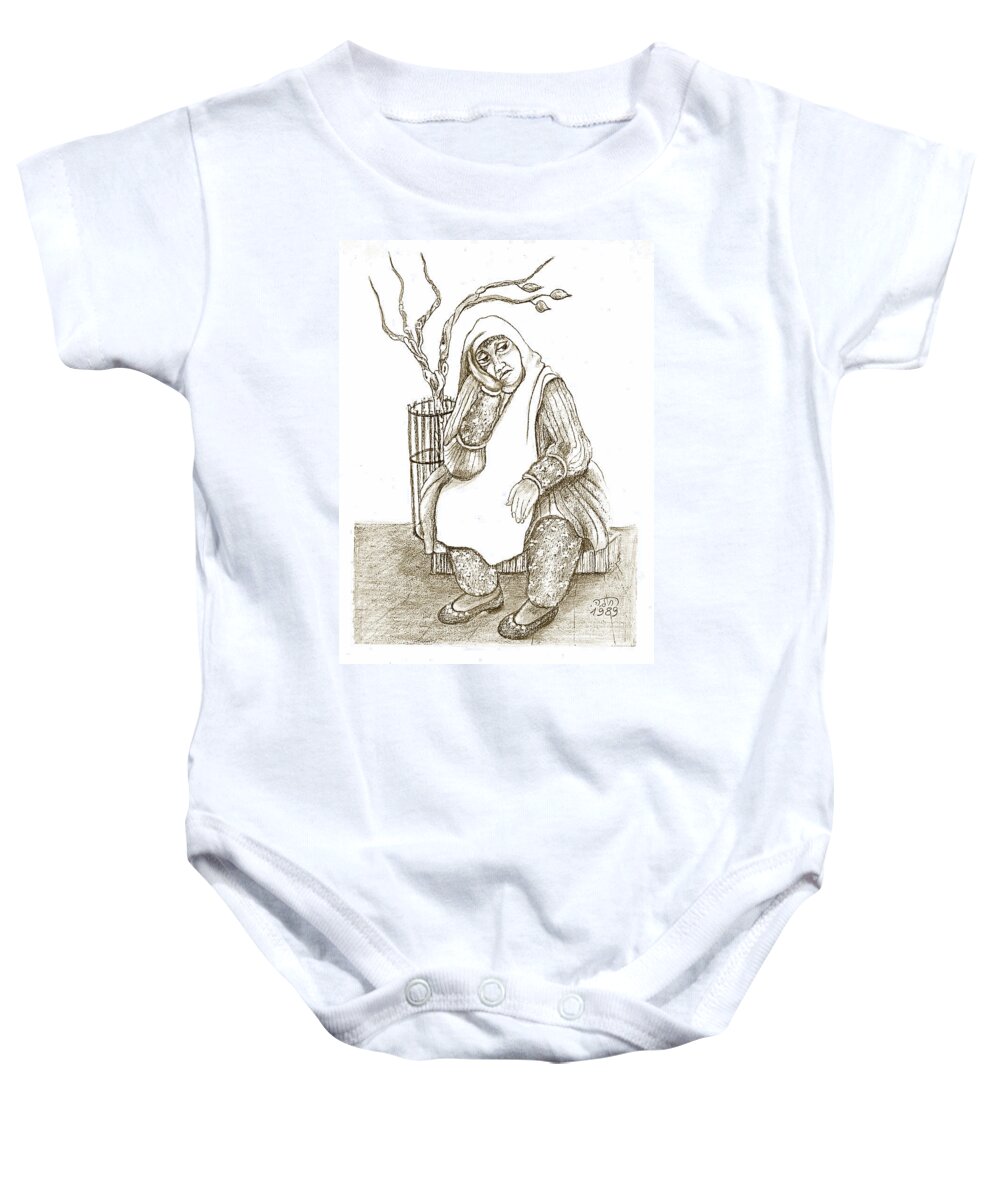 Old Woman Baby Onesie featuring the painting Old Woman in the street sitting near a tree on a bench looking sad and tired by Rachel Hershkovitz