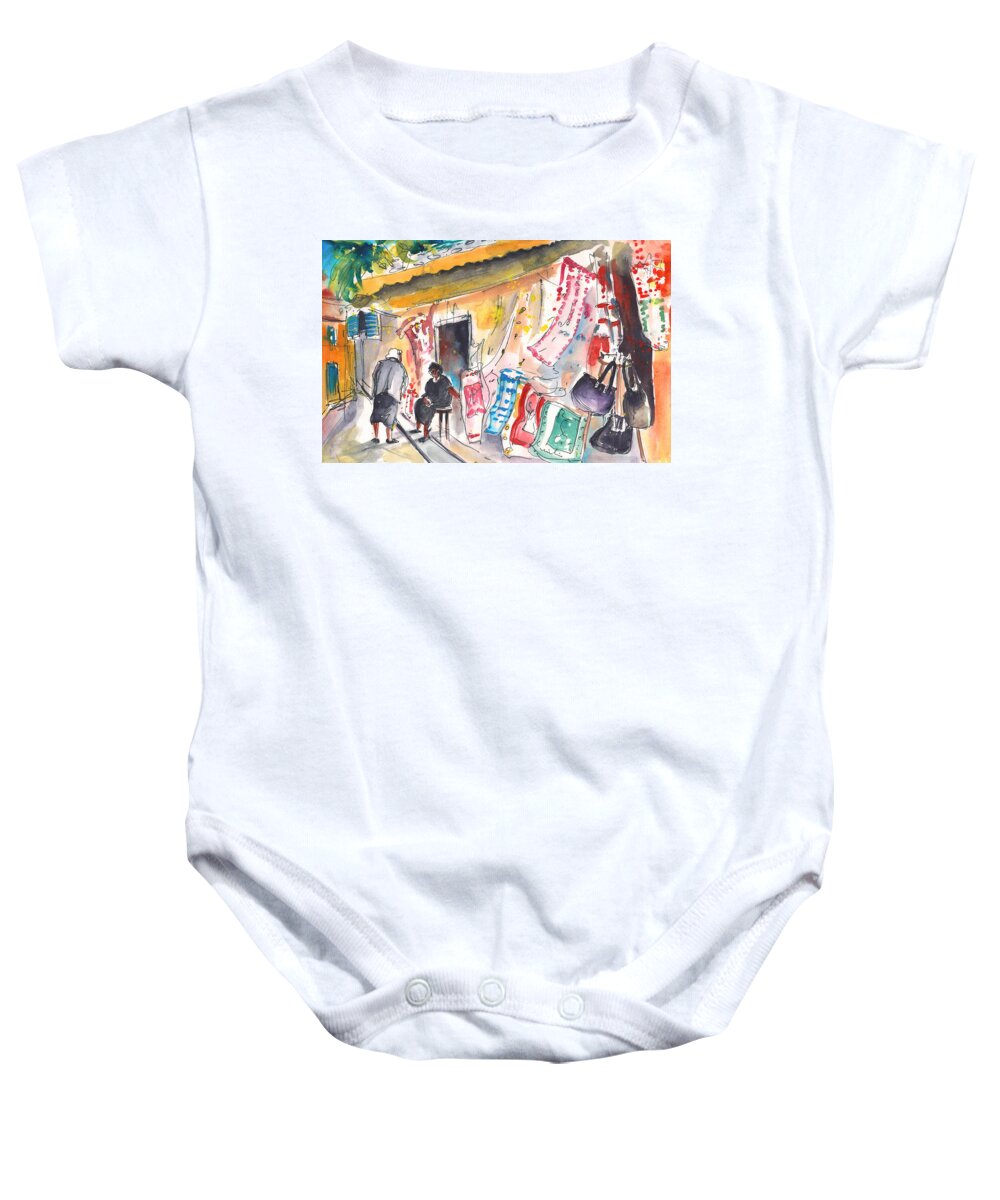Travel Sketch Baby Onesie featuring the painting Shop in Kritsa by Miki De Goodaboom