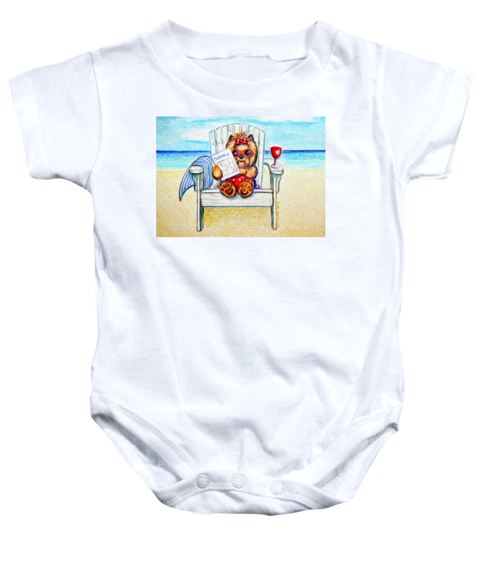 Yorkie Baby Onesie featuring the mixed media Sudoku at the beach by Catia Lee