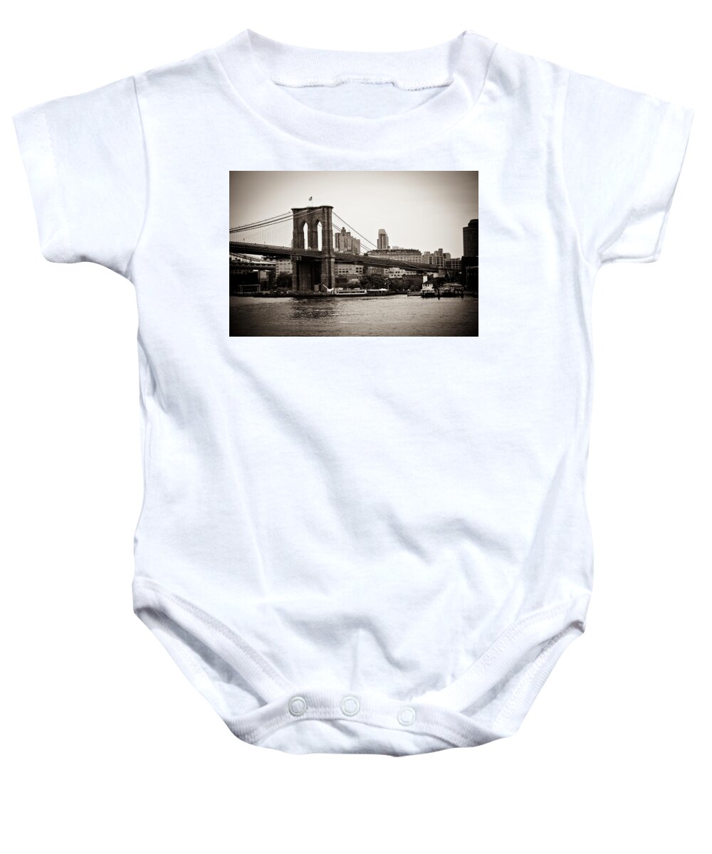 New York City Baby Onesie featuring the photograph Timeless Brooklyn Bridge by Sara Frank