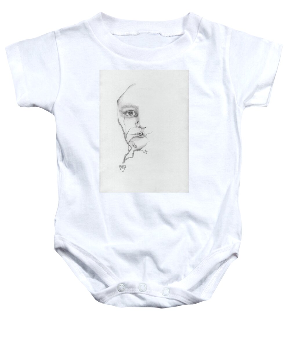 Woman Baby Onesie featuring the painting Woman face growing out of a tree branch black and white surrealistic fantasy by Rachel Hershkovitz