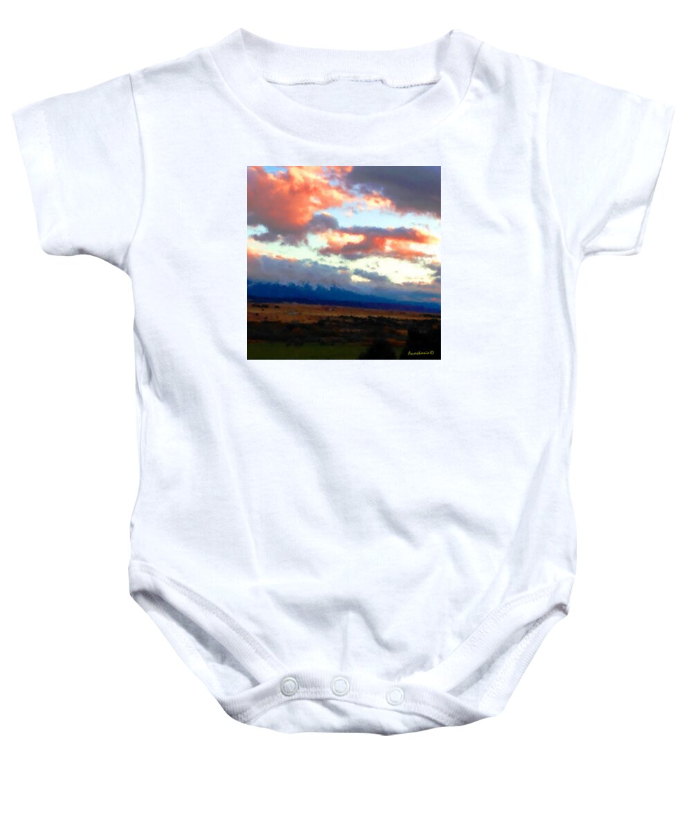 Landscape Baby Onesie featuring the photograph Sunset Clouds Over Spanish Peaks by Anastasia Savage Ealy