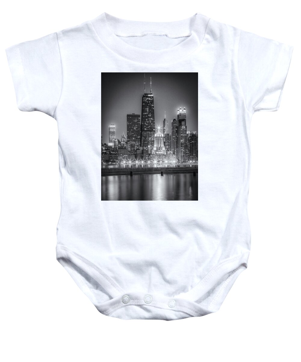 Chicago Baby Onesie featuring the photograph Black and White Chicago Night Skyline by Lev Kaytsner