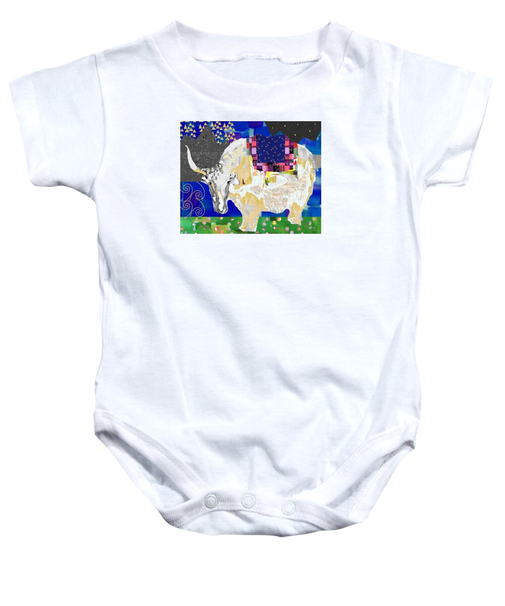 Cow Baby Onesie featuring the mixed media Stay Curious Cow Collage by Claudia Schoen