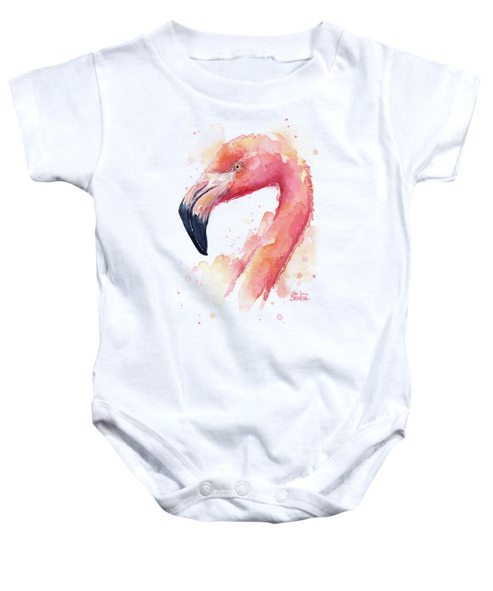 Pink Baby Onesie featuring the painting Flamingo Watercolor by Olga Shvartsur