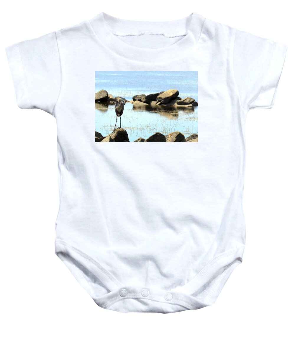 Alert Baby Onesie featuring the photograph Heron on the Rocks #2 by Travis Rogers