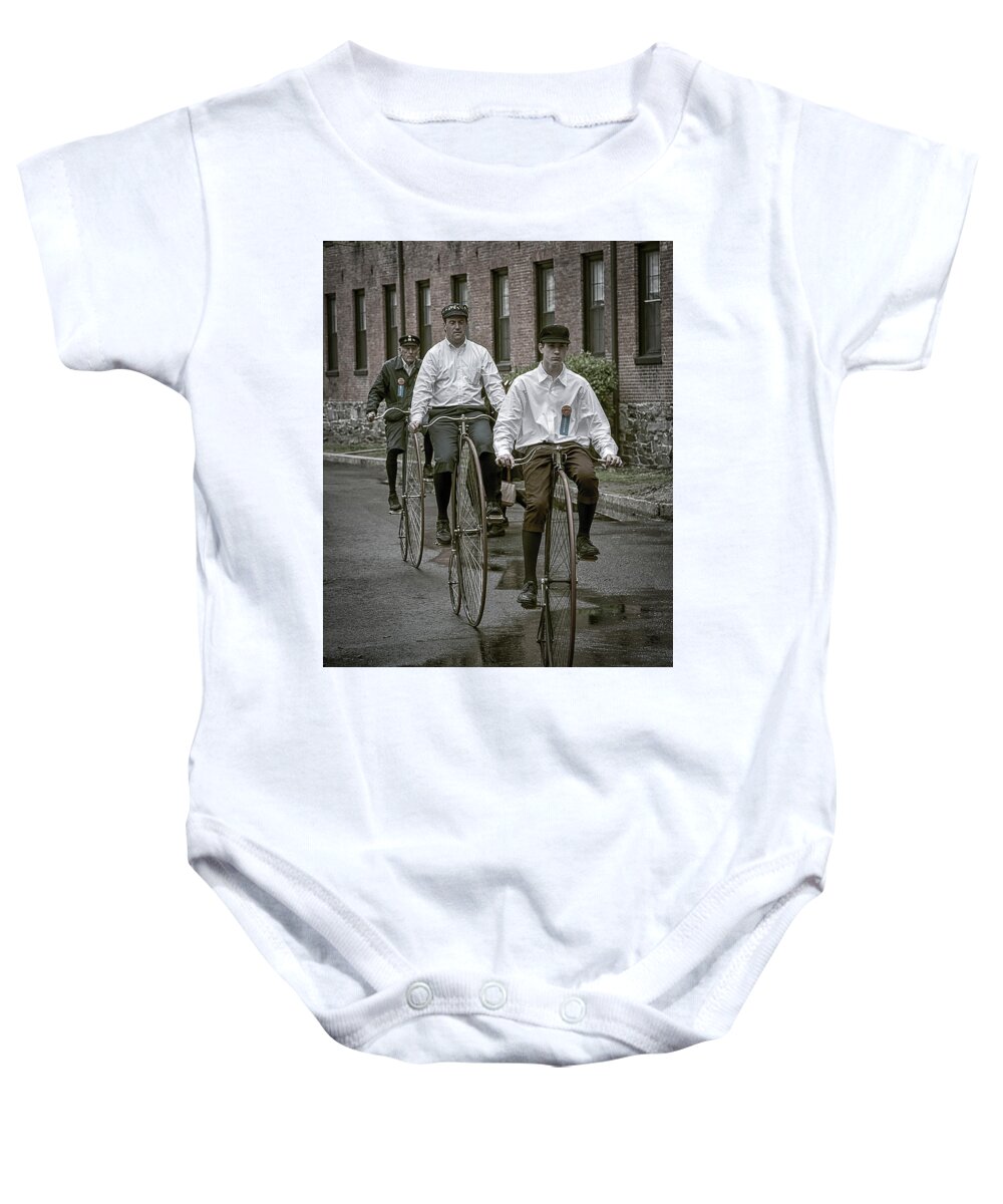 Massachusetts Baby Onesie featuring the photograph Penny Farthing Bikes by Rick Mosher