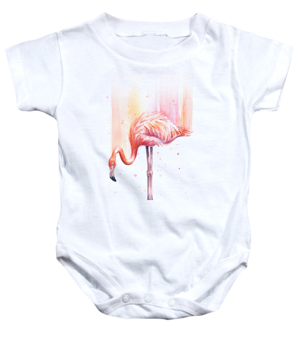 Pink Baby Onesie featuring the painting Pink Flamingo - Facing Right by Olga Shvartsur