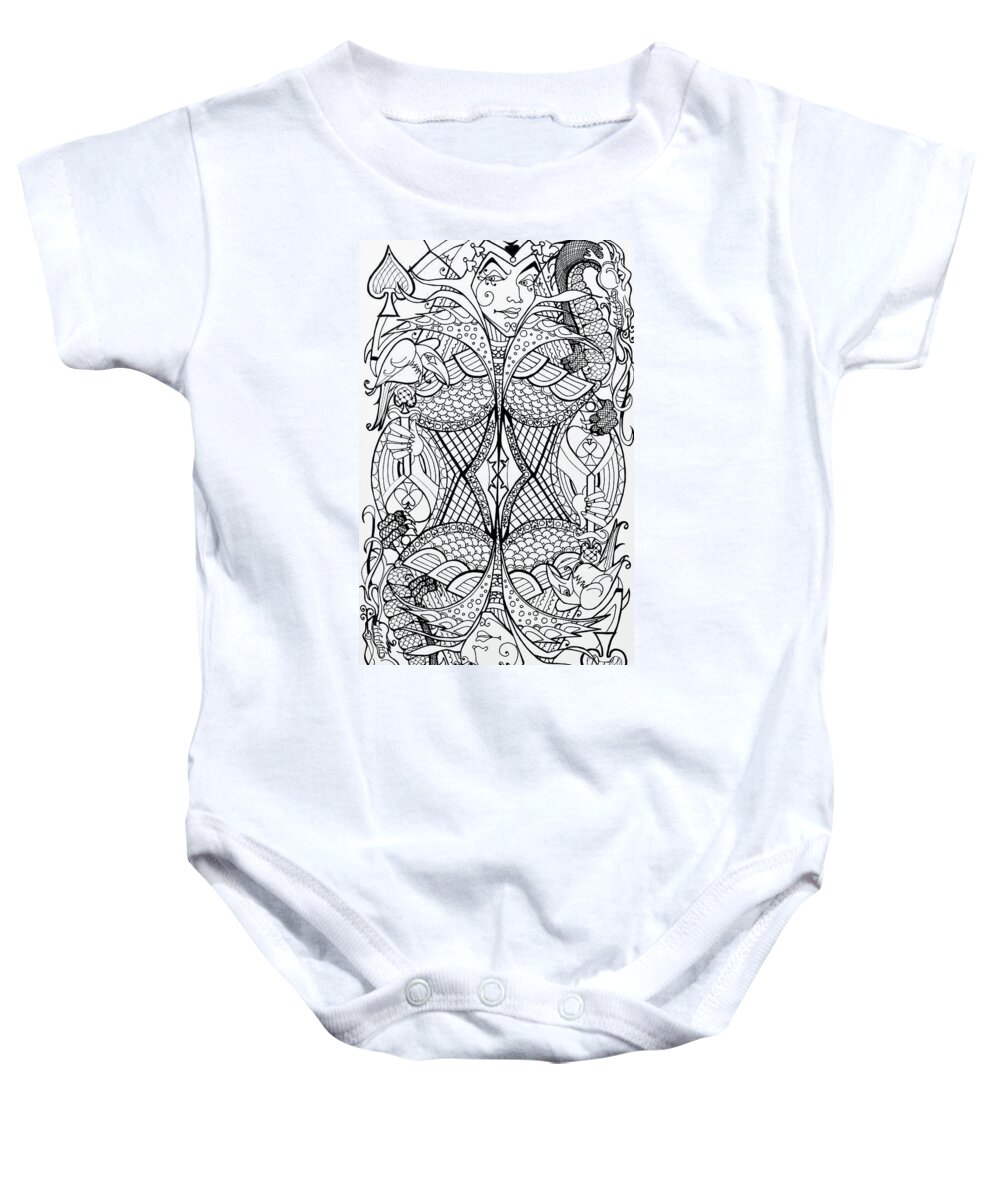 Queen Of Spades Baby Onesie featuring the drawing Queen Of Spades 2 by Jani Freimann