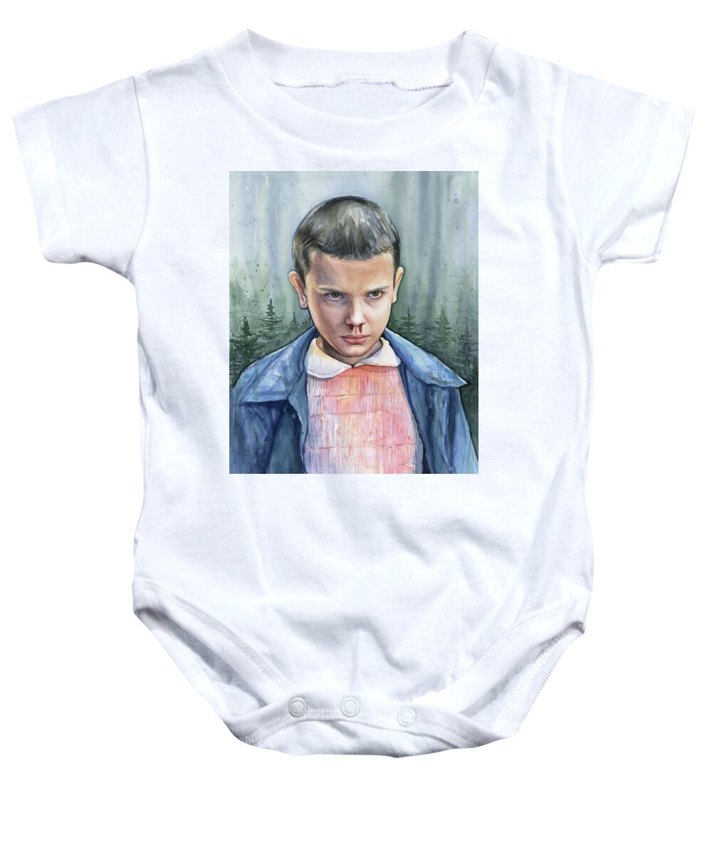 Strager Things Baby Onesie featuring the painting Stranger Things Eleven Portrait by Olga Shvartsur