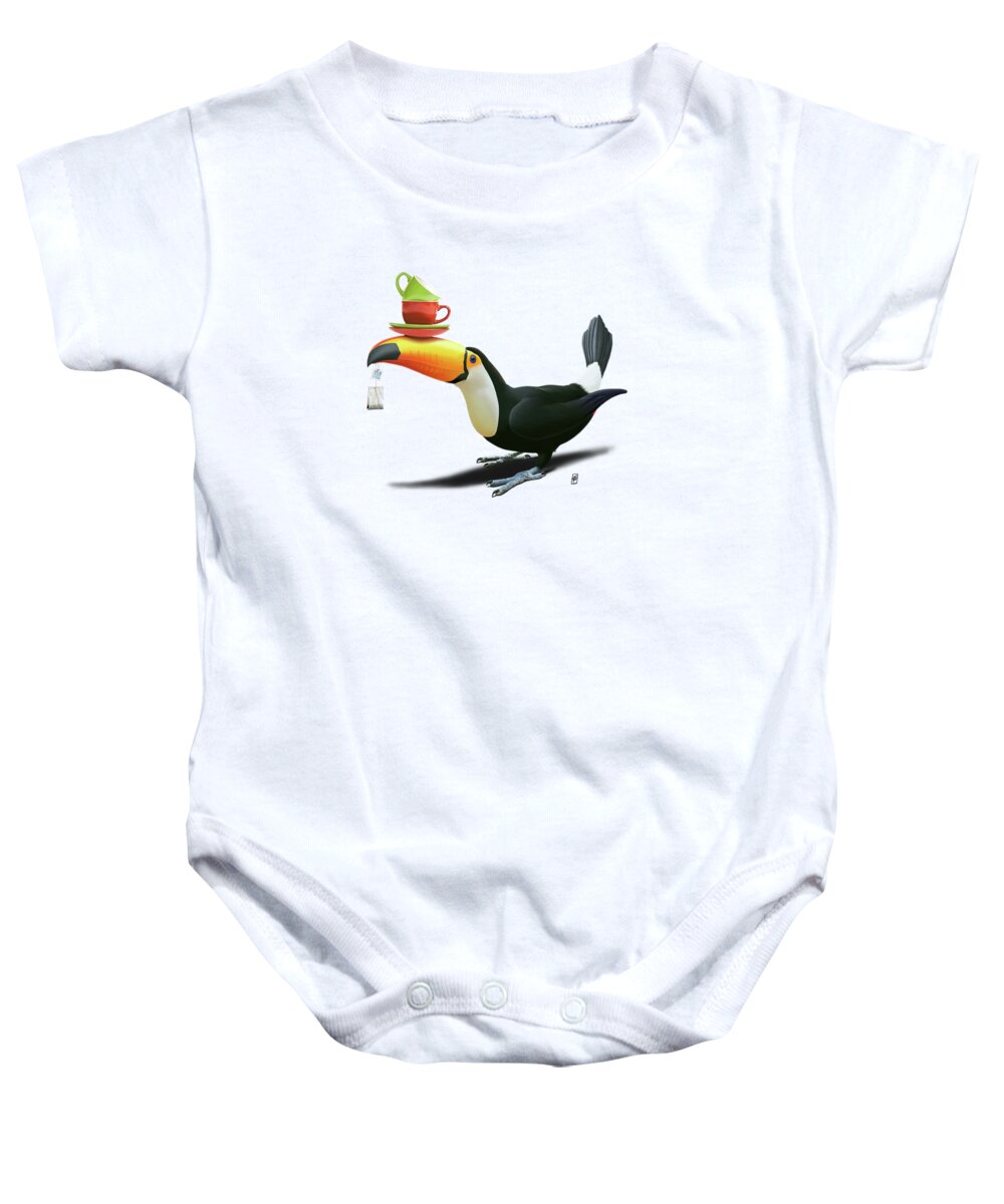 Toucan Baby Onesie featuring the digital art Tea For Tou Wordless by Rob Snow