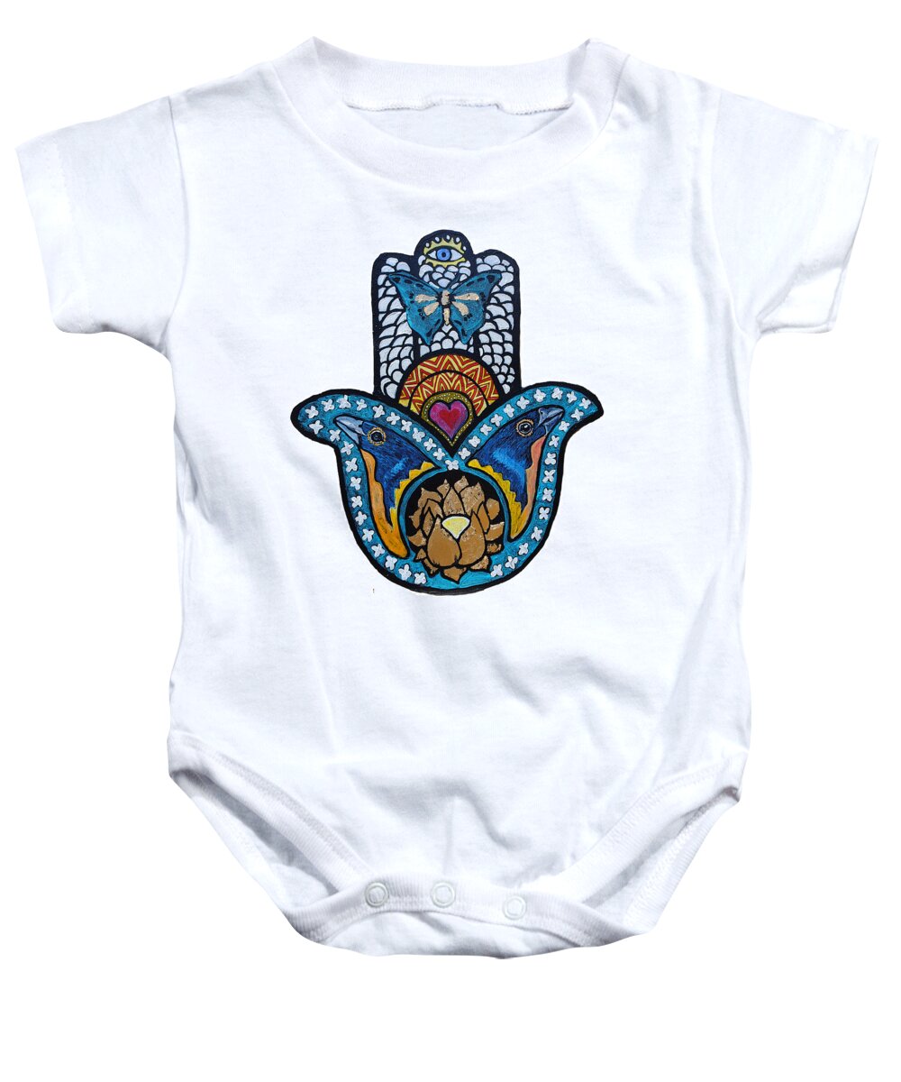 Hamsa Baby Onesie featuring the painting The Blue Bunting Hamsa by Patricia Arroyo