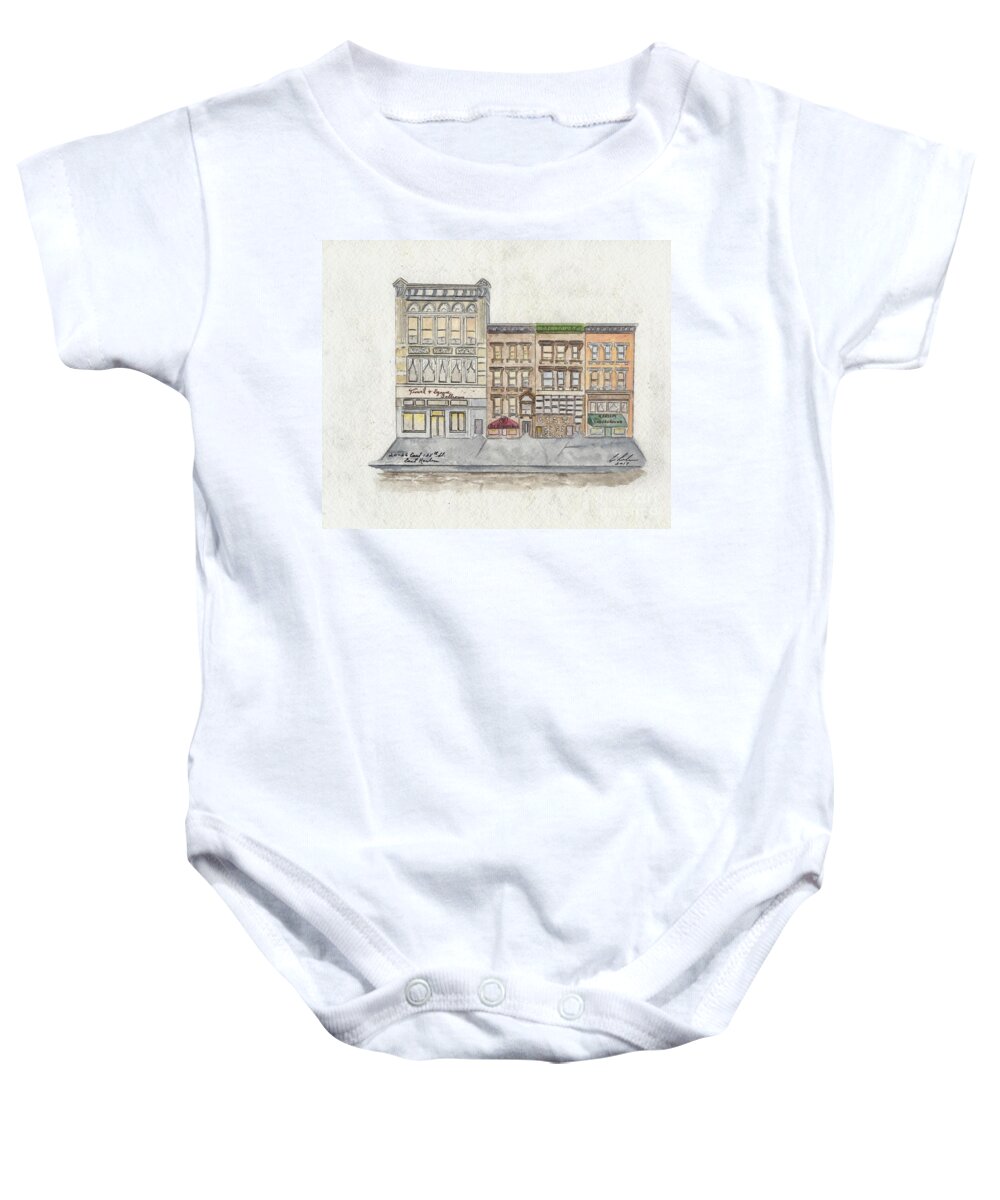 East Harlem Baby Onesie featuring the painting 120 to 126 East 125th Street in East Harlem by Afinelyne