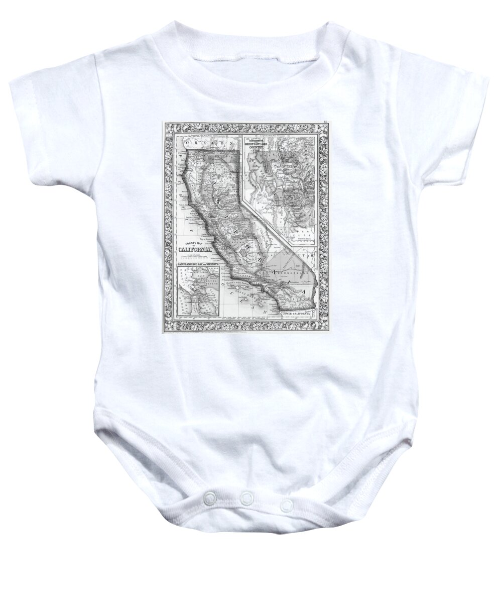 California Baby Onesie featuring the digital art 1800s California Historical Map Black and White by Toby McGuire