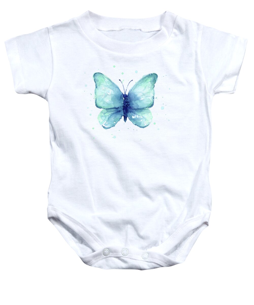 Blue Baby Onesie featuring the painting Blue Butterfly Watercolor by Olga Shvartsur