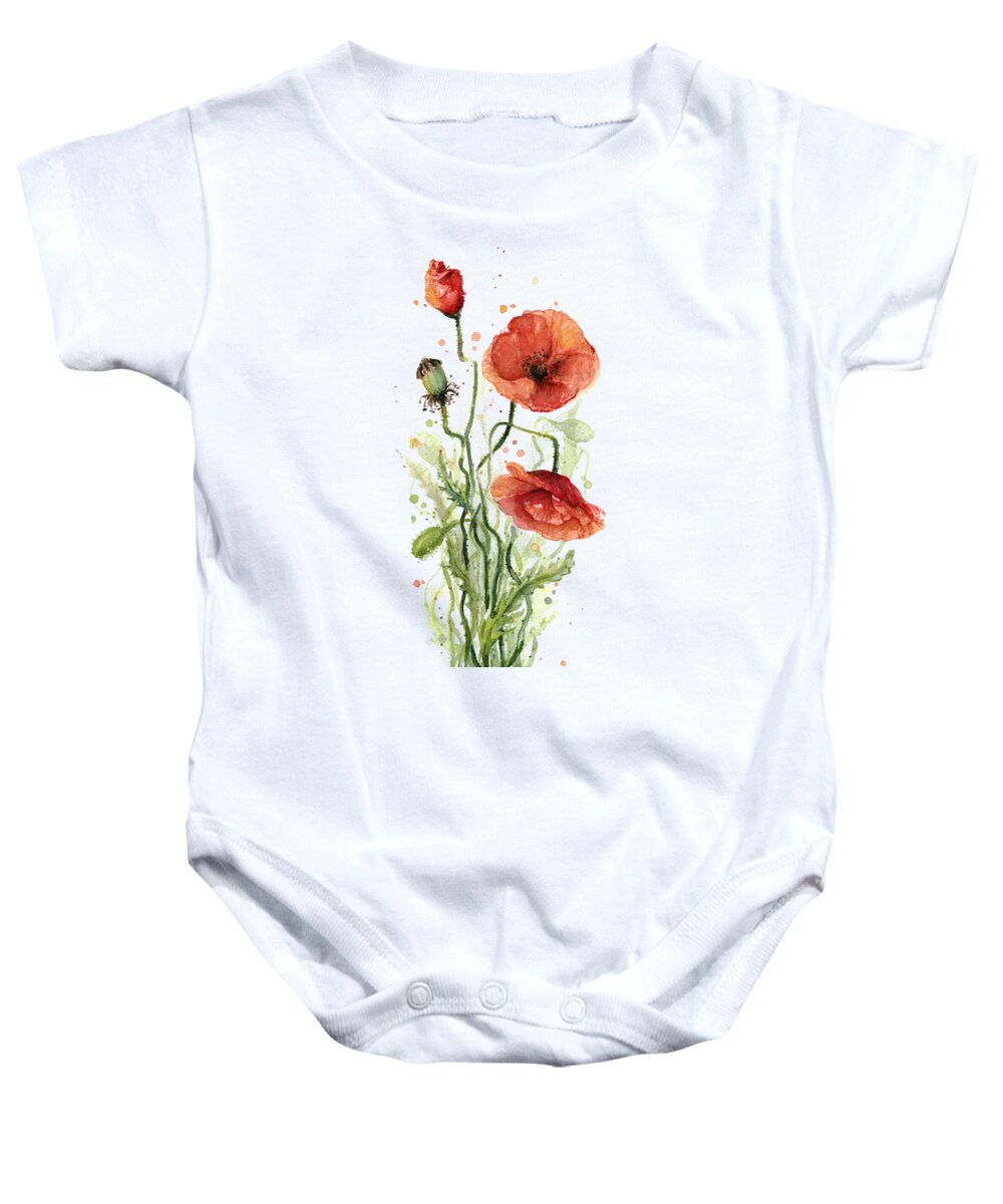 Red Poppy Baby Onesie featuring the painting Red Poppies Watercolor #1 by Olga Shvartsur