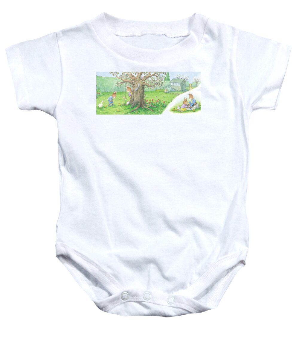Breezy Bunnies Baby Onesie featuring the painting We Have Ducklings by Our Tree -- No Text by June Goulding
