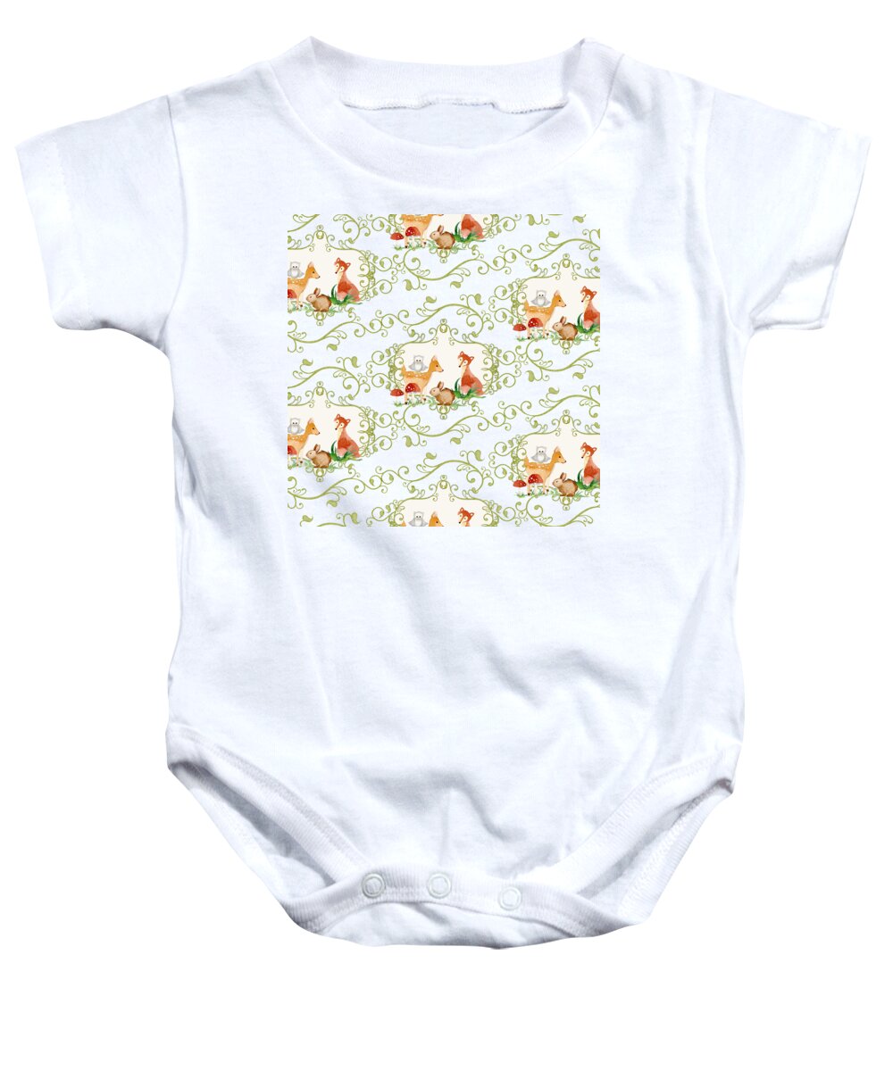 Woodchuck Baby Onesie featuring the painting Woodland Fairytale - Animals Deer Owl Fox Bunny n Mushrooms #2 by Audrey Jeanne Roberts