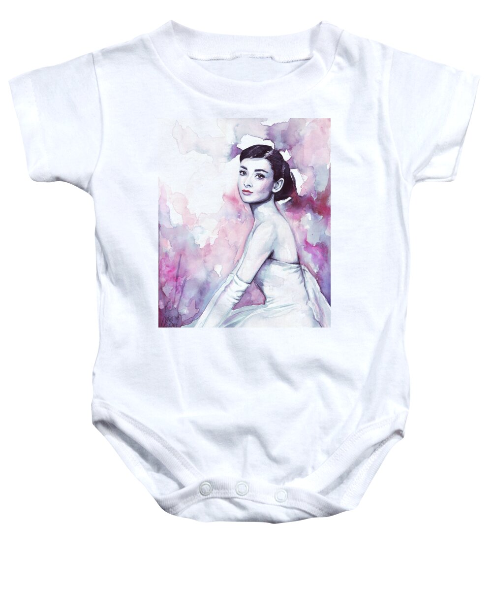 Fashion Watercolor Baby Onesie featuring the painting Audrey Hepburn Portrait by Olga Shvartsur