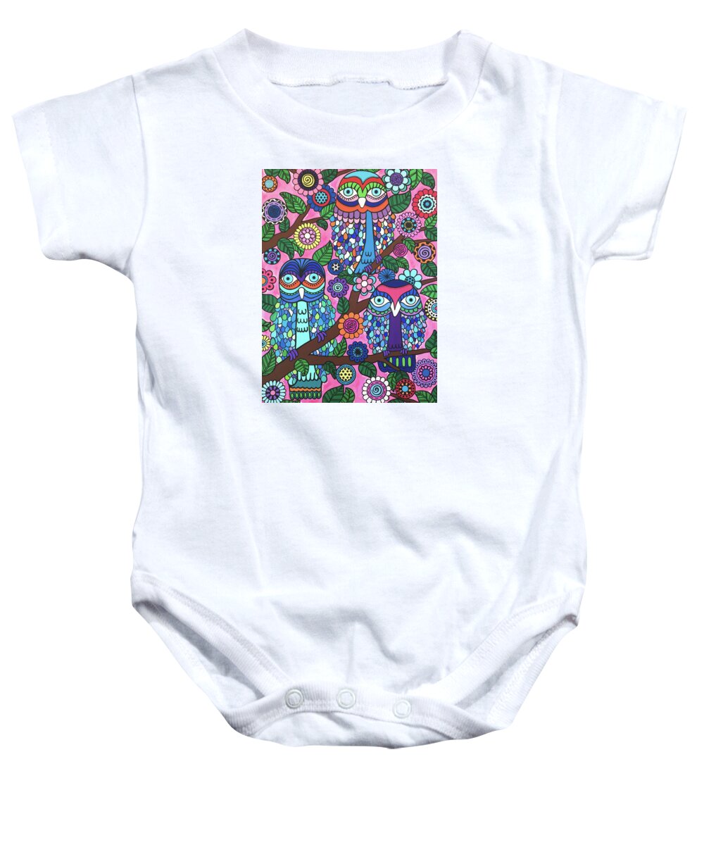 Owls Baby Onesie featuring the painting 3 Owls by Beth Ann Scott